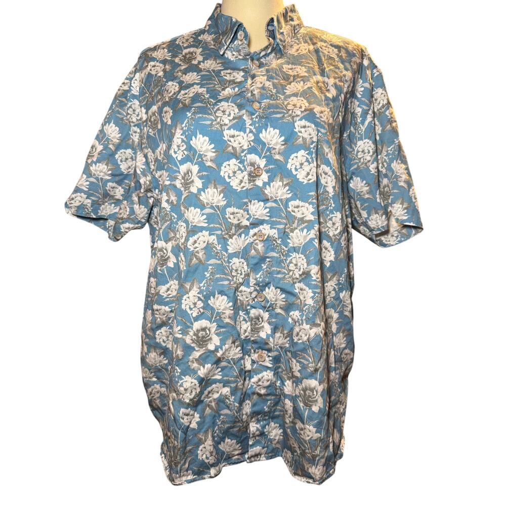 Ted Baker London Blue Floral Button Front Shirt, 100% Cotton, Men's Size 2XL